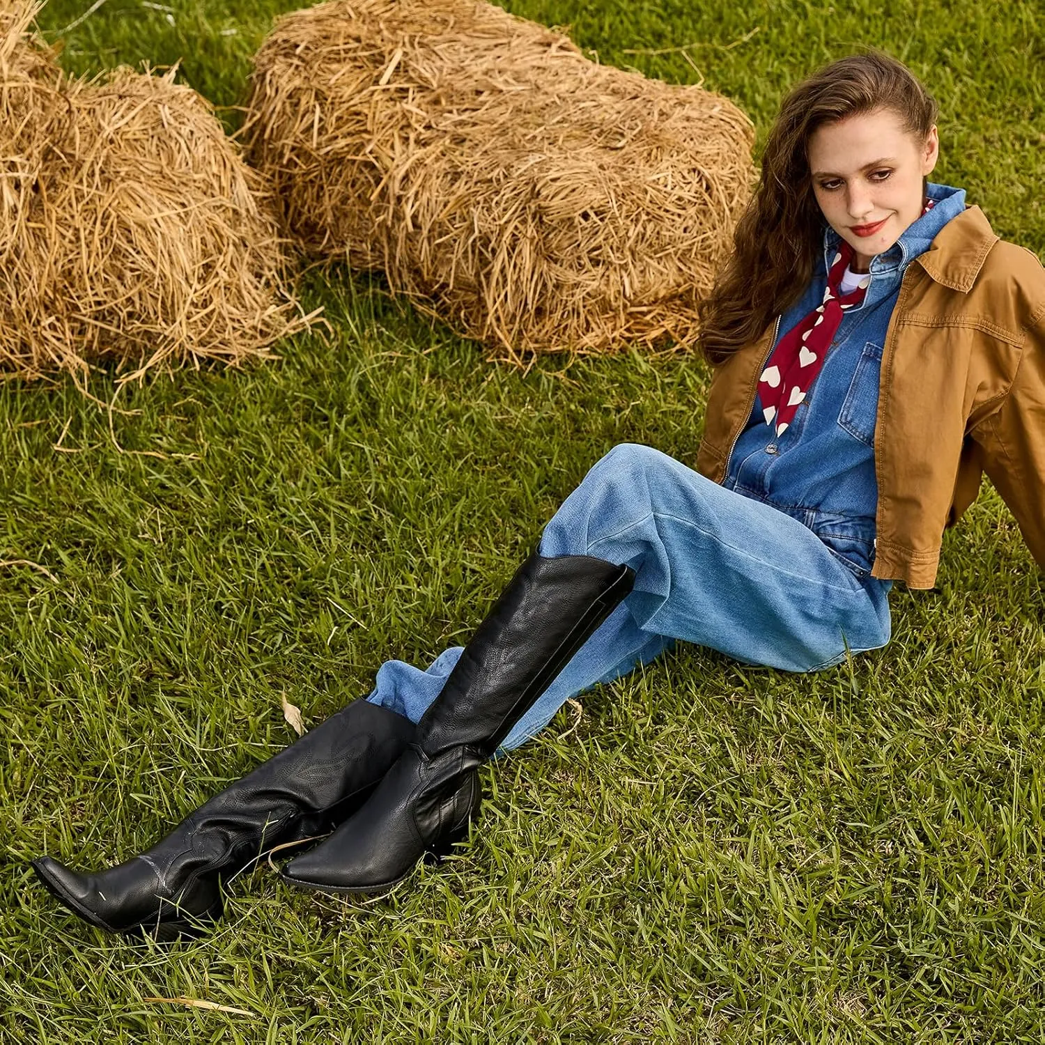 Susanny Knee High Cowboy Boots for Women Embroidered Western Cowgirl Boots for Womens Mid Calf Chunky Heel Pull on Stitching Zipper Pointed Toe Mid Low Heel Boots