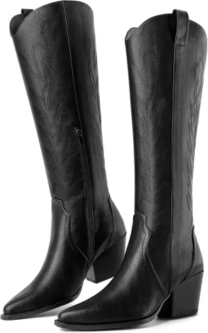 Susanny Knee High Cowboy Boots for Women Embroidered Western Cowgirl Boots for Womens Mid Calf Chunky Heel Pull on Stitching Zipper Pointed Toe Mid Low Heel Boots