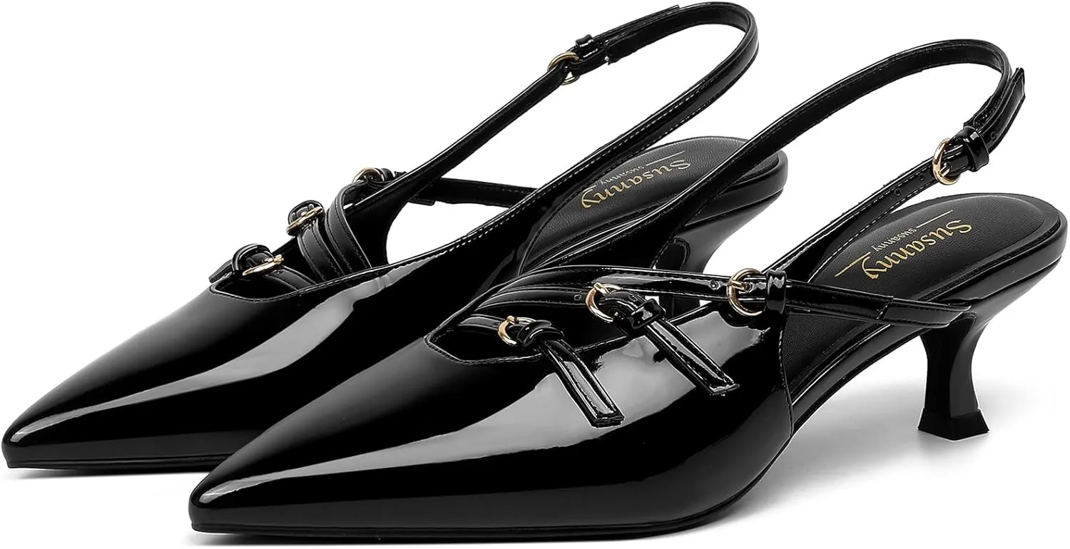 Susanny Slingback Kitten Heels for Women Closed Pointed Toe Strappy Dress Pumps Comfortable Stiletto Low Heels Sexy Buckle Strap Dressy Slip On Shoes for Wedding Bridal Party Work