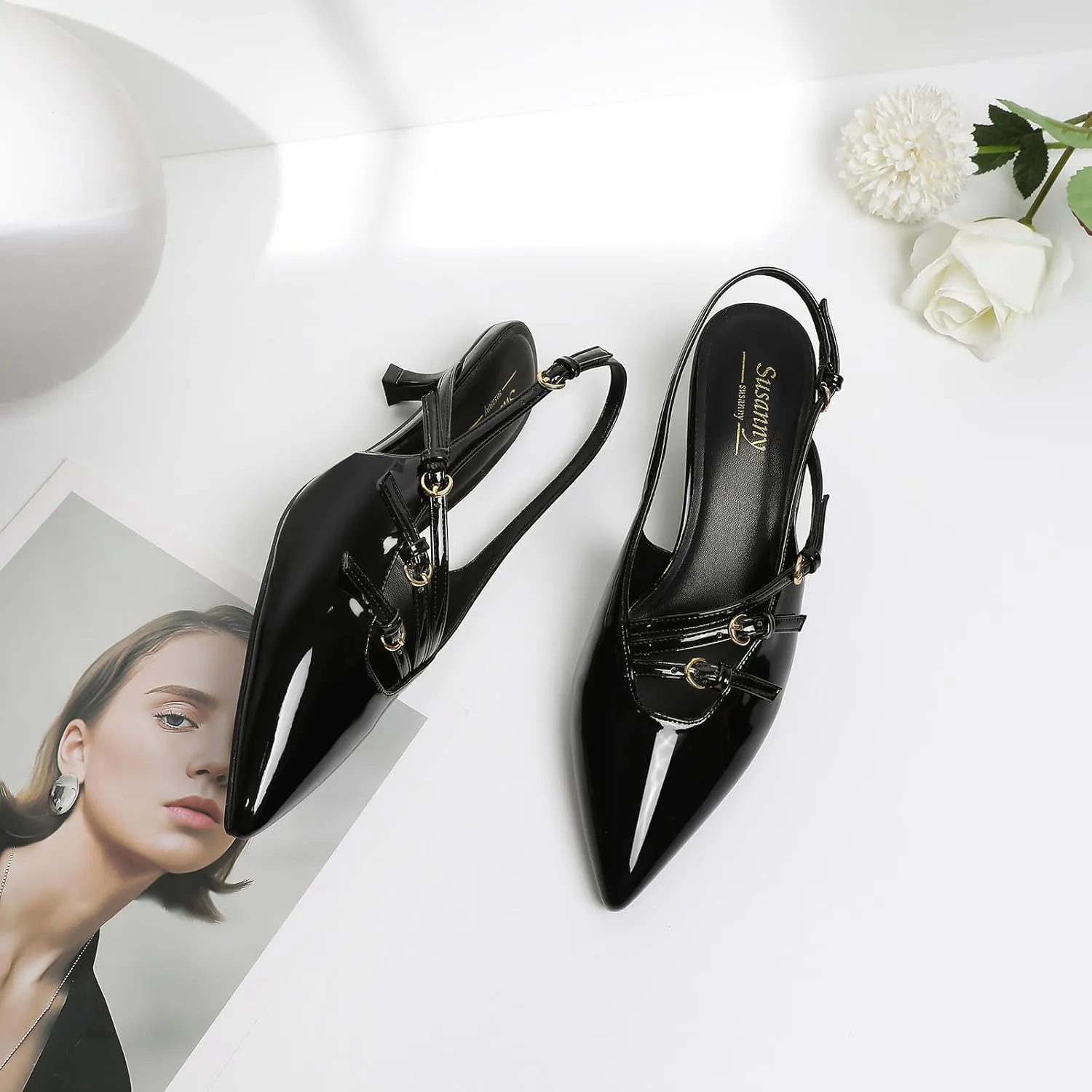 Susanny Slingback Kitten Heels for Women Closed Pointed Toe Strappy Dress Pumps Comfortable Stiletto Low Heels Sexy Buckle Strap Dressy Slip On Shoes for Wedding Bridal Party Work