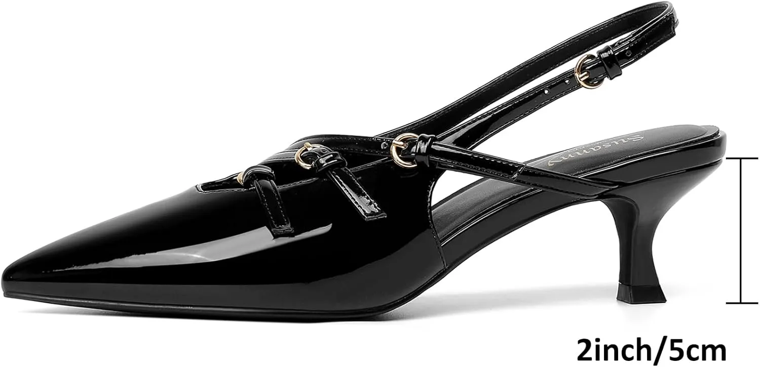 Susanny Slingback Kitten Heels for Women Closed Pointed Toe Strappy Dress Pumps Comfortable Stiletto Low Heels Sexy Buckle Strap Dressy Slip On Shoes for Wedding Bridal Party Work