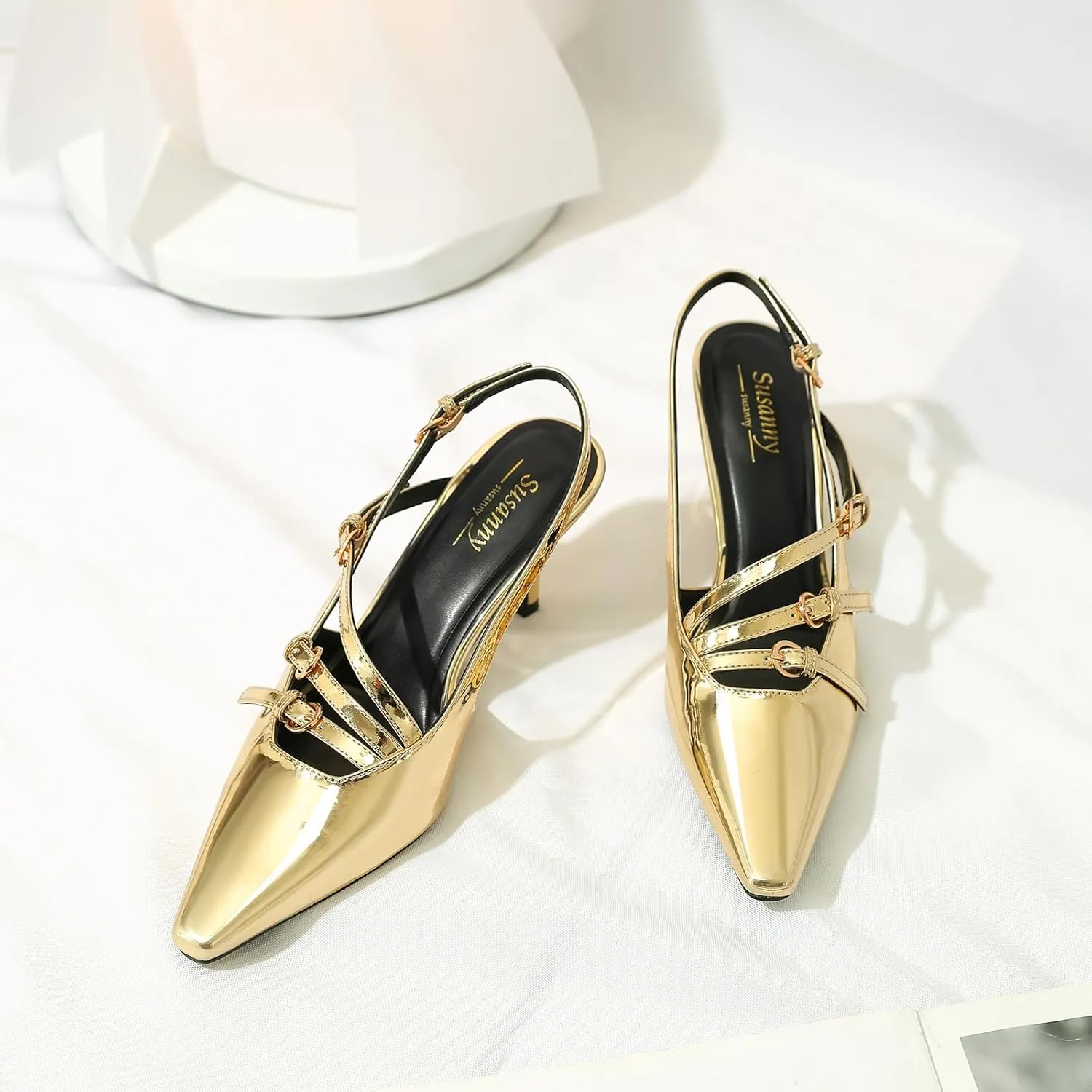 Susanny Slingback Kitten Heels for Women Closed Pointed Toe Strappy Dress Pumps Comfortable Stiletto Low Heels Sexy Buckle Strap Dressy Slip On Shoes for Wedding Bridal Party Work