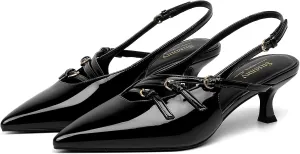 Susanny Slingback Kitten Heels for Women Closed Pointed Toe Strappy Dress Pumps Comfortable Stiletto Low Heels Sexy Buckle Strap Dressy Slip On Shoes for Wedding Bridal Party Work
