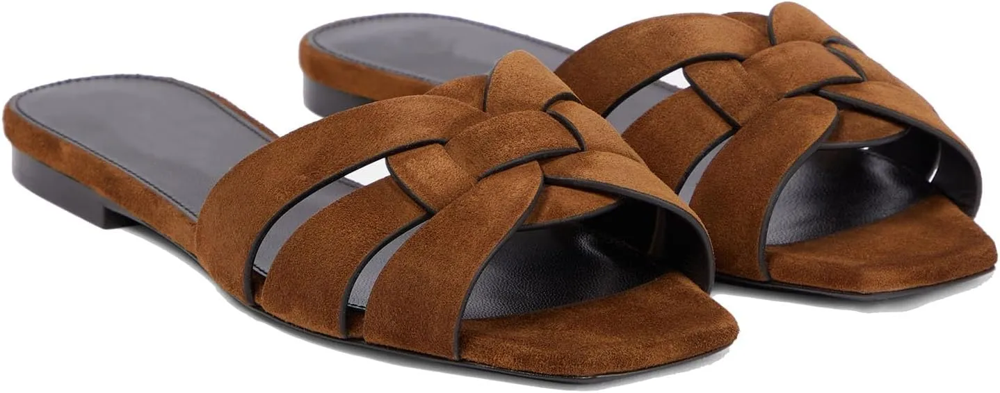 THESHY Women's Flat Sandals Square Toe Patent Leather Comfortable Slip on Slippers Casual Summer Dressy Beach Slide Sandals for Women