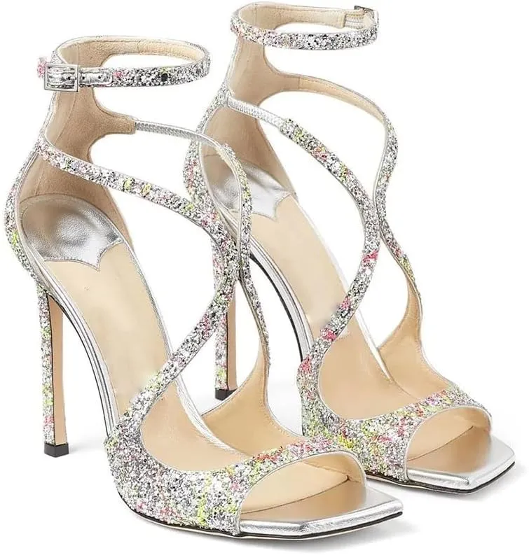 THESHY Women's Heeled Sandals Ankle Strap Buckles Stilettos Open Toe Pumps Cross Strap High Heels Fashion Dress Shoes