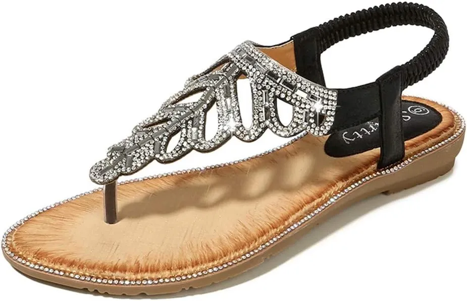 Thong Sandals for Women Beach,Bohemia Floral Flat Sandals T-Strap Summer Beach Glitter Beaded Elastic Flip-Flop Thong Shoes