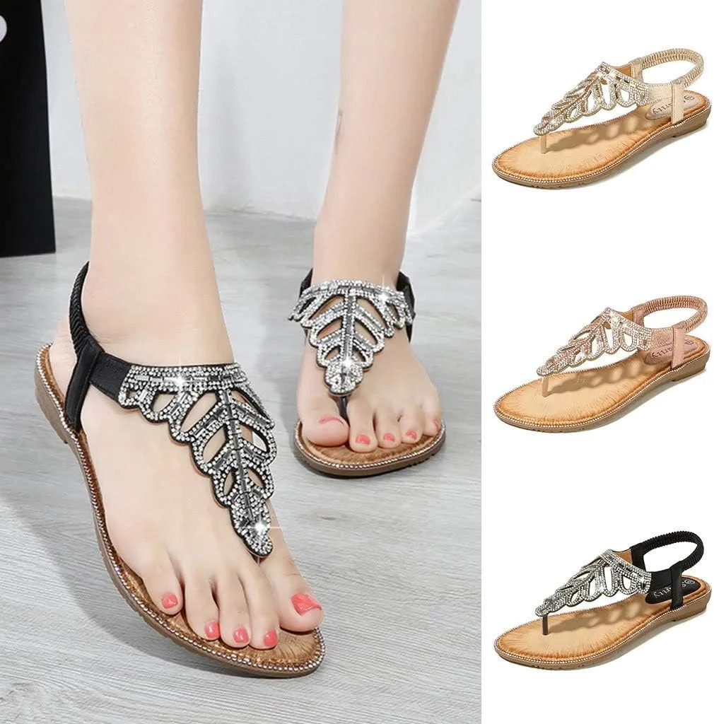 Thong Sandals for Women Beach,Bohemia Floral Flat Sandals T-Strap Summer Beach Glitter Beaded Elastic Flip-Flop Thong Shoes