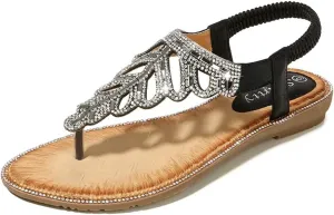 Thong Sandals for Women Beach,Bohemia Floral Flat Sandals T-Strap Summer Beach Glitter Beaded Elastic Flip-Flop Thong Shoes