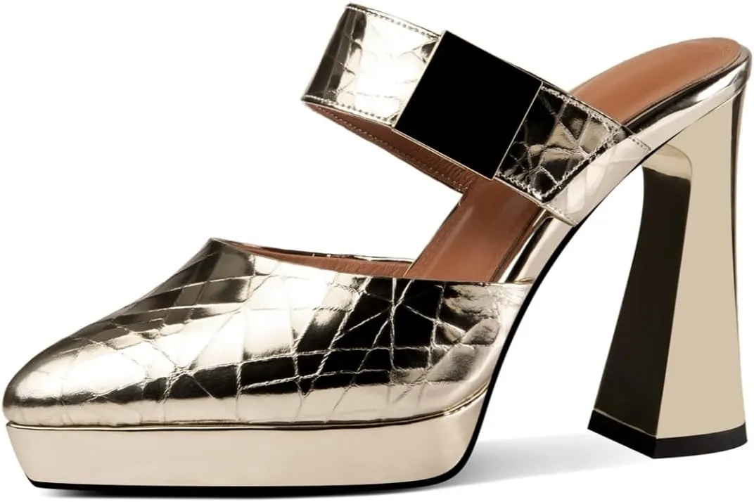 TinaCus Glossy Genuine Leather Women's Pointed Toe Handmade Platform High Heels Sandals Slippers