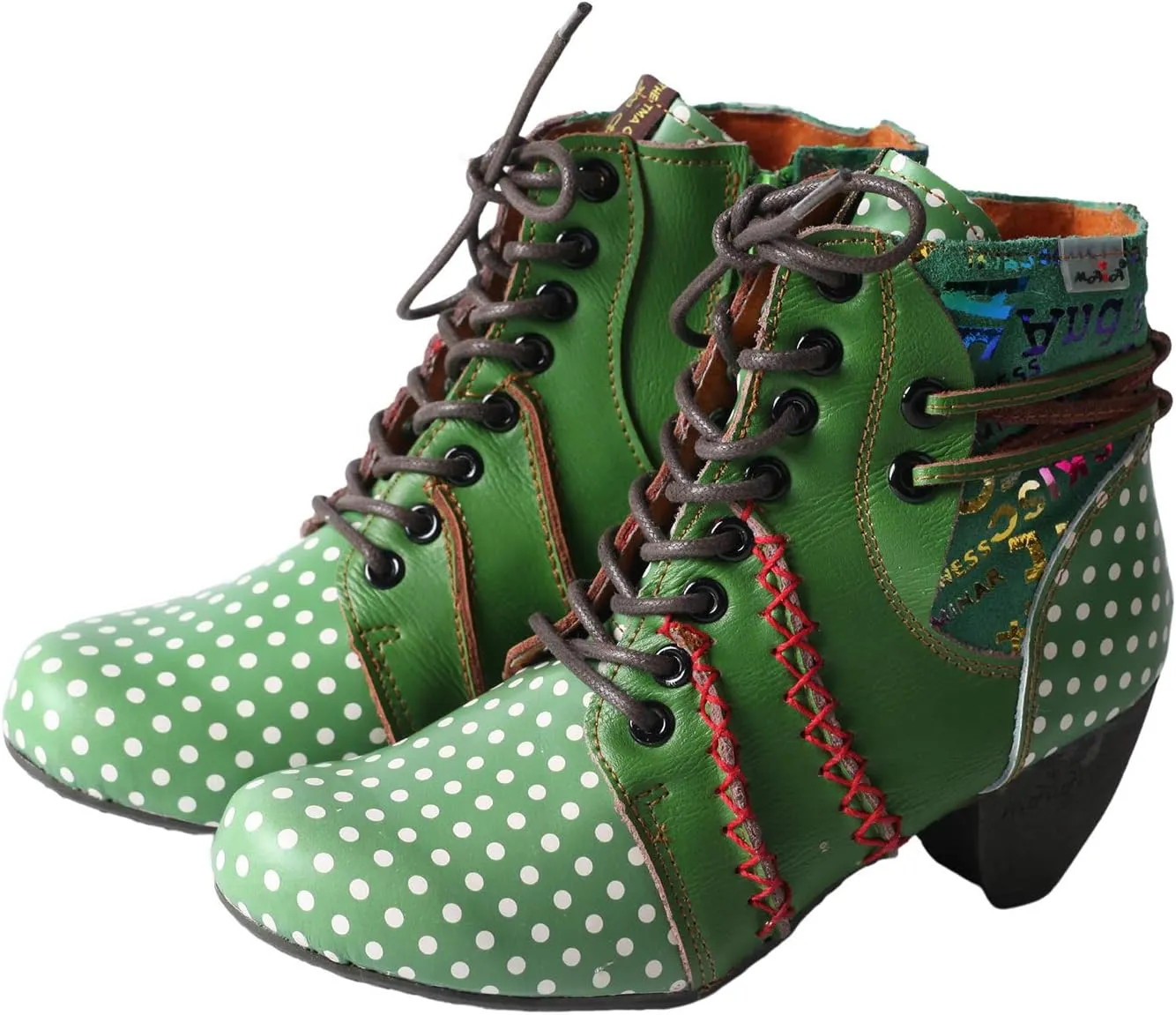 TMA EYES Boots for Women Lace-up Polka Dot Chunky Heels Ankle Boots
