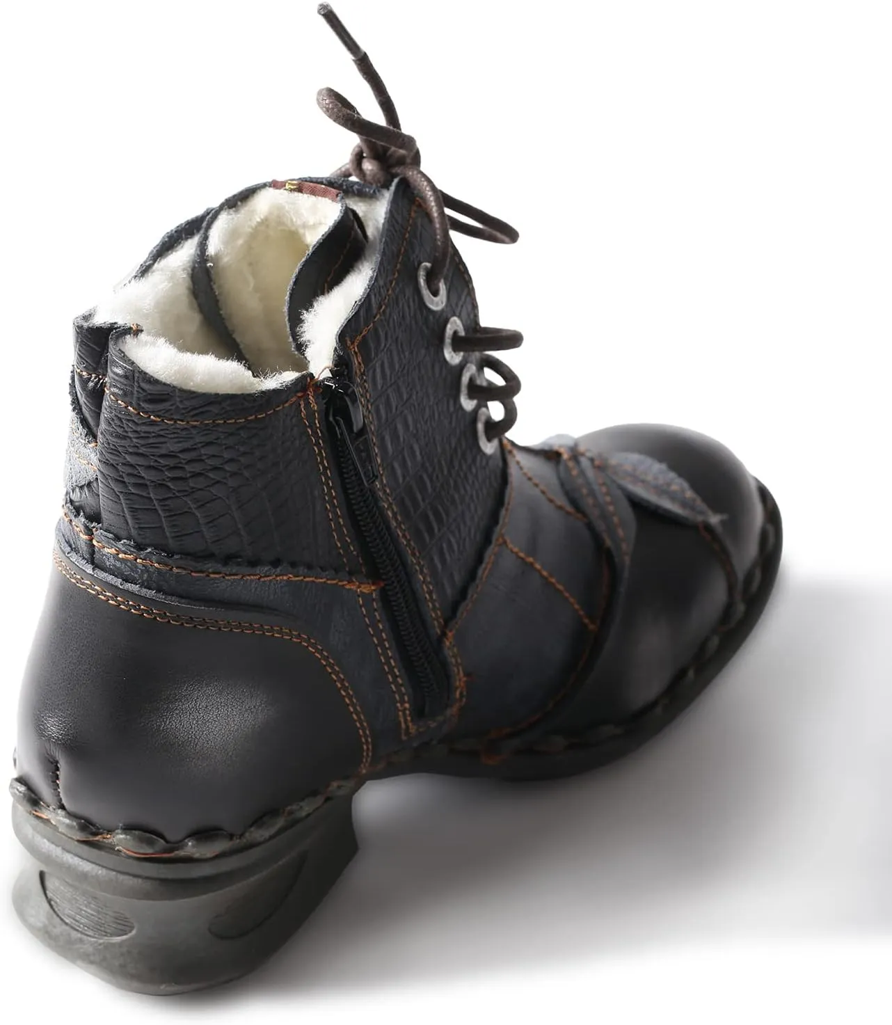 TMA EYES Textured Leather Patchwork Washed Leather Lace-Up Women's Ankle boots