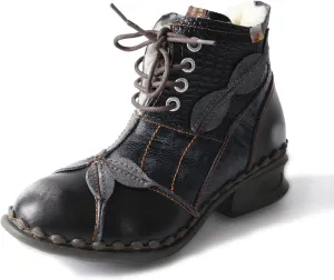 TMA EYES Textured Leather Patchwork Washed Leather Lace-Up Women's Ankle boots