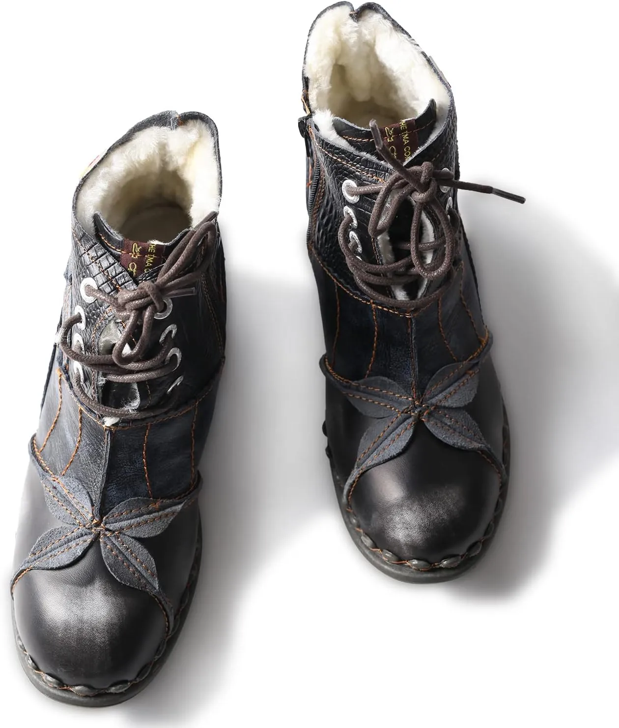 TMA EYES Textured Leather Patchwork Washed Leather Lace-Up Women's Ankle boots