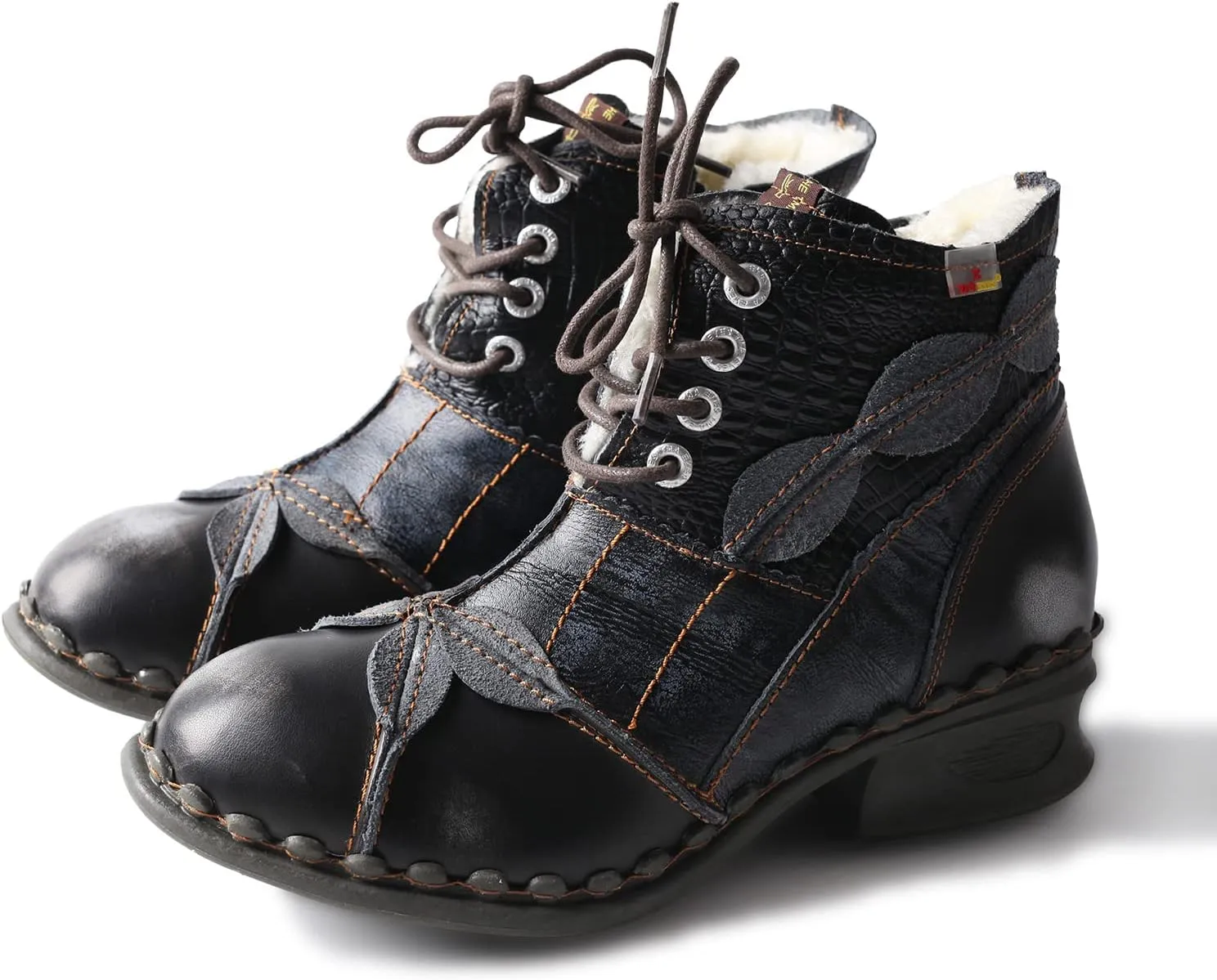 TMA EYES Textured Leather Patchwork Washed Leather Lace-Up Women's Ankle boots