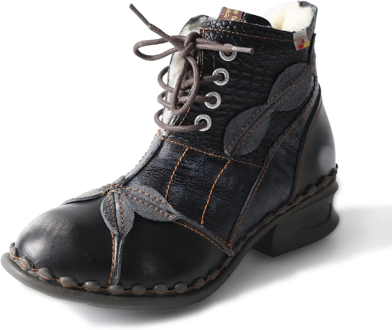 TMA EYES Textured Leather Patchwork Washed Leather Lace-Up Women's Ankle boots