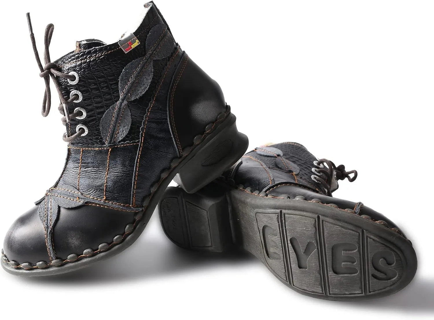 TMA EYES Textured Leather Patchwork Washed Leather Lace-Up Women's Ankle boots