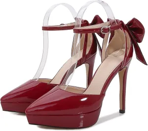 TN TANGNEST Women's Heeled Sandals Shoes Glossy Patent Leather Closed Pointed Toe Stiletto Heel Pumps Shoes with Back Bowknot