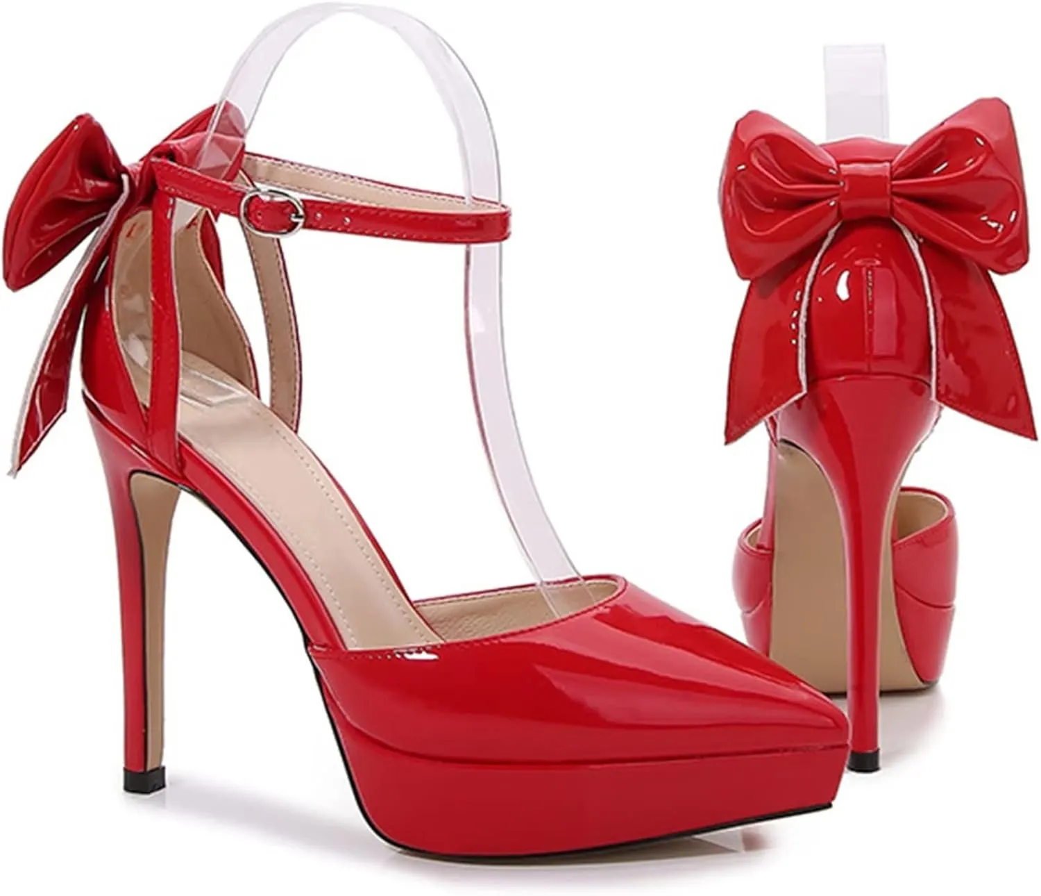 TN TANGNEST Women's Heeled Sandals Shoes Glossy Patent Leather Closed Pointed Toe Stiletto Heel Pumps Shoes with Back Bowknot