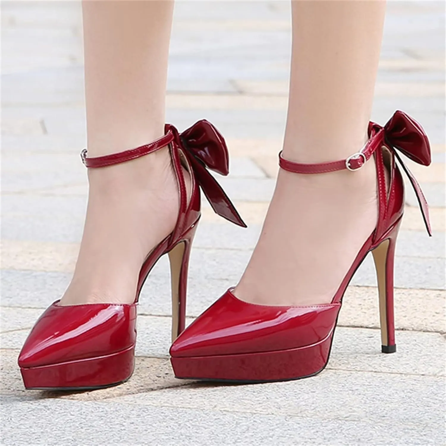 TN TANGNEST Women's Heeled Sandals Shoes Glossy Patent Leather Closed Pointed Toe Stiletto Heel Pumps Shoes with Back Bowknot