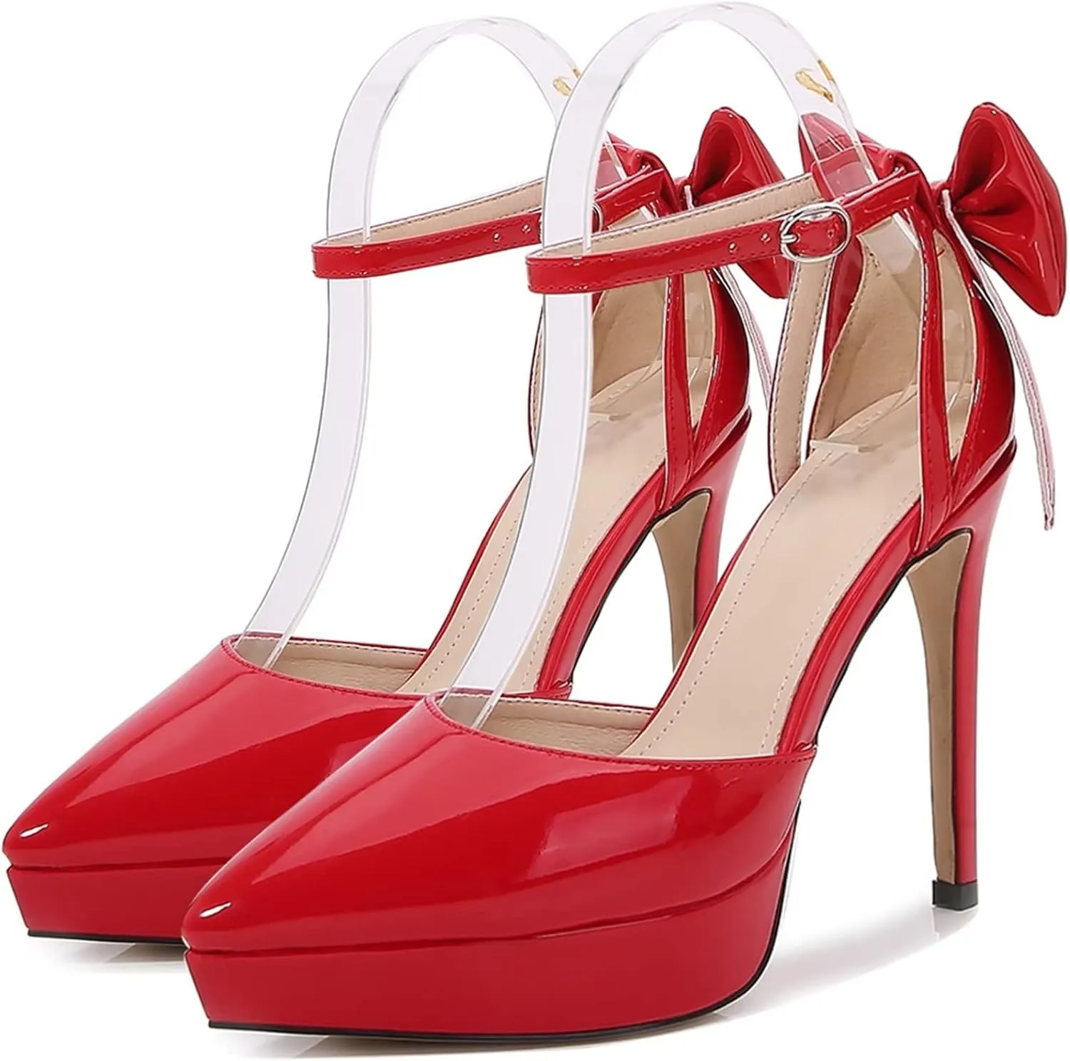 TN TANGNEST Women's Heeled Sandals Shoes Glossy Patent Leather Closed Pointed Toe Stiletto Heel Pumps Shoes with Back Bowknot