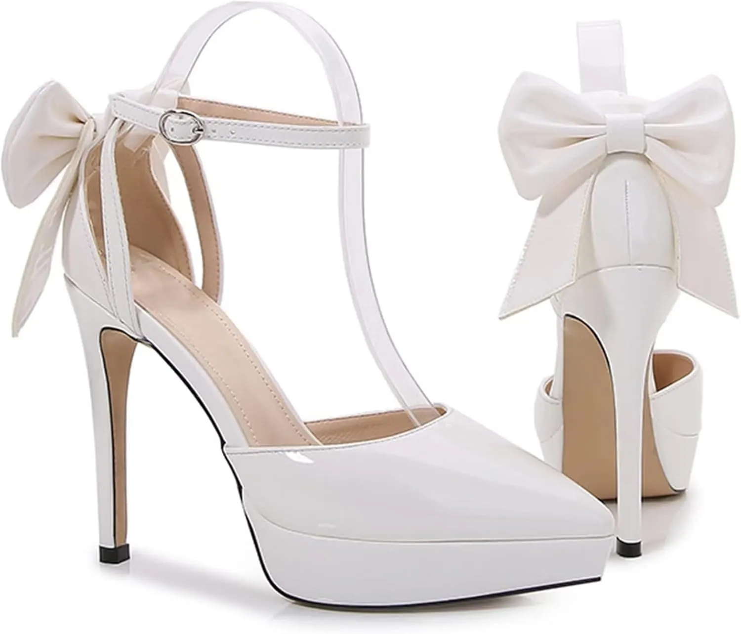 TN TANGNEST Women's Heeled Sandals Shoes Glossy Patent Leather Closed Pointed Toe Stiletto Heel Pumps Shoes with Back Bowknot