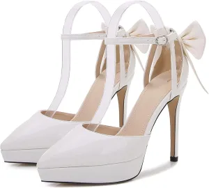 TN TANGNEST Women's Heeled Sandals Shoes Glossy Patent Leather Closed Pointed Toe Stiletto Heel Pumps Shoes with Back Bowknot