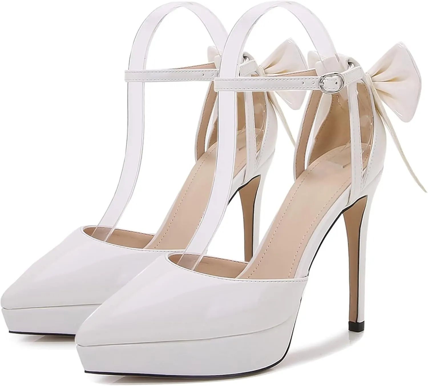 TN TANGNEST Women's Heeled Sandals Shoes Glossy Patent Leather Closed Pointed Toe Stiletto Heel Pumps Shoes with Back Bowknot