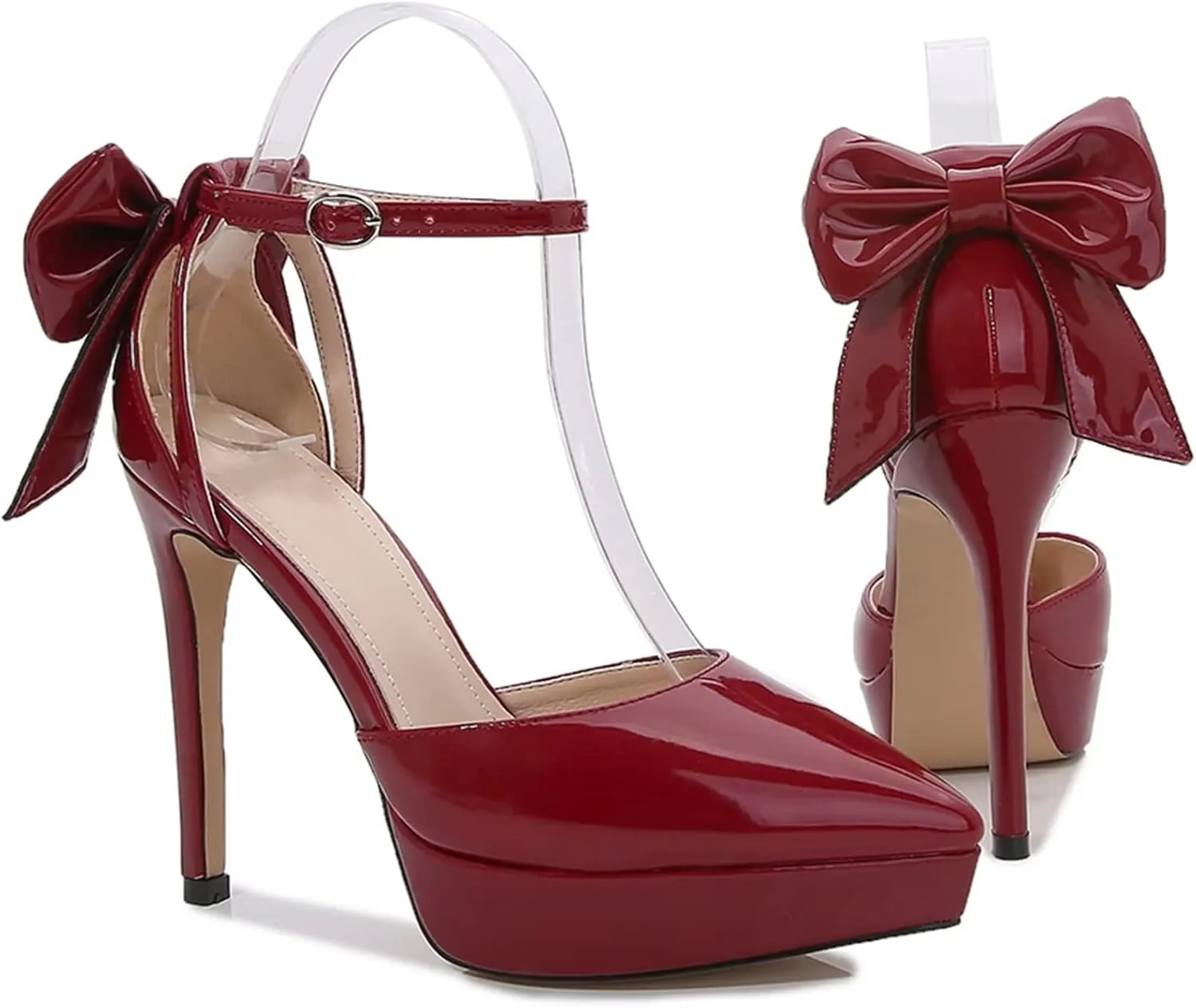 TN TANGNEST Women's Heeled Sandals Shoes Glossy Patent Leather Closed Pointed Toe Stiletto Heel Pumps Shoes with Back Bowknot
