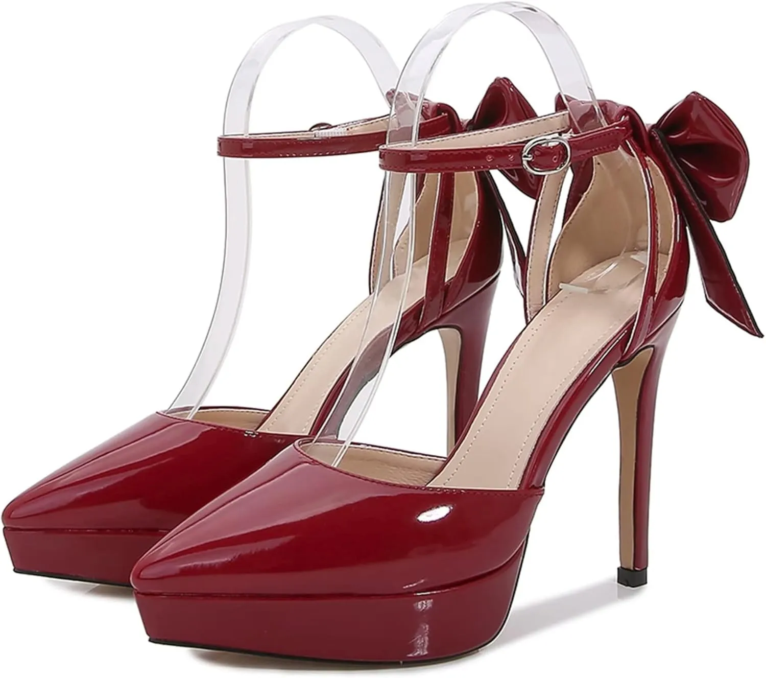 TN TANGNEST Women's Heeled Sandals Shoes Glossy Patent Leather Closed Pointed Toe Stiletto Heel Pumps Shoes with Back Bowknot