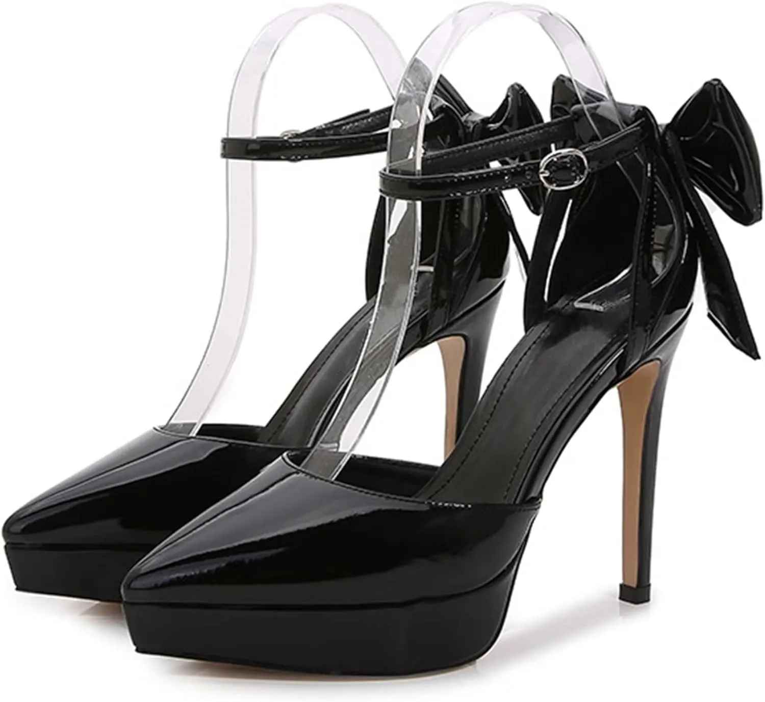TN TANGNEST Women's Heeled Sandals Shoes Glossy Patent Leather Closed Pointed Toe Stiletto Heel Pumps Shoes with Back Bowknot