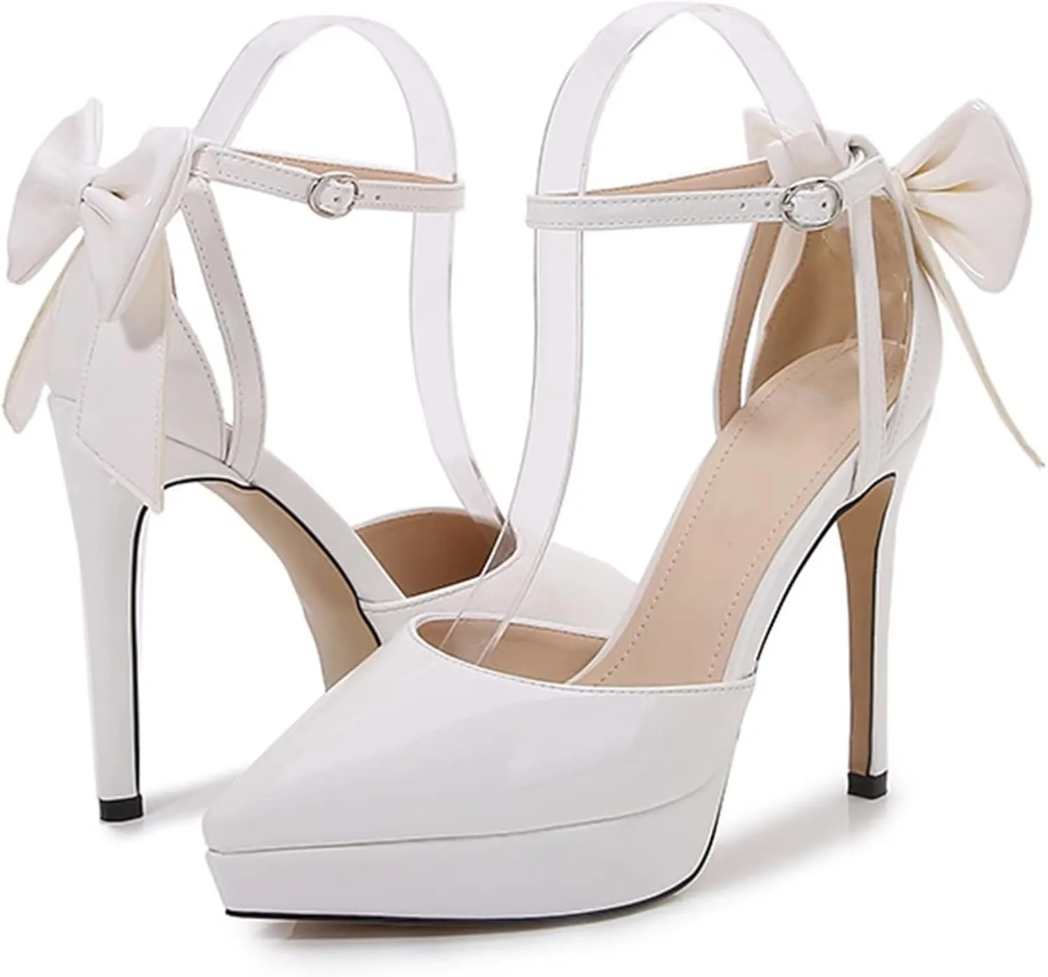 TN TANGNEST Women's Heeled Sandals Shoes Glossy Patent Leather Closed Pointed Toe Stiletto Heel Pumps Shoes with Back Bowknot