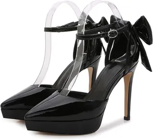 TN TANGNEST Women's Heeled Sandals Shoes Glossy Patent Leather Closed Pointed Toe Stiletto Heel Pumps Shoes with Back Bowknot