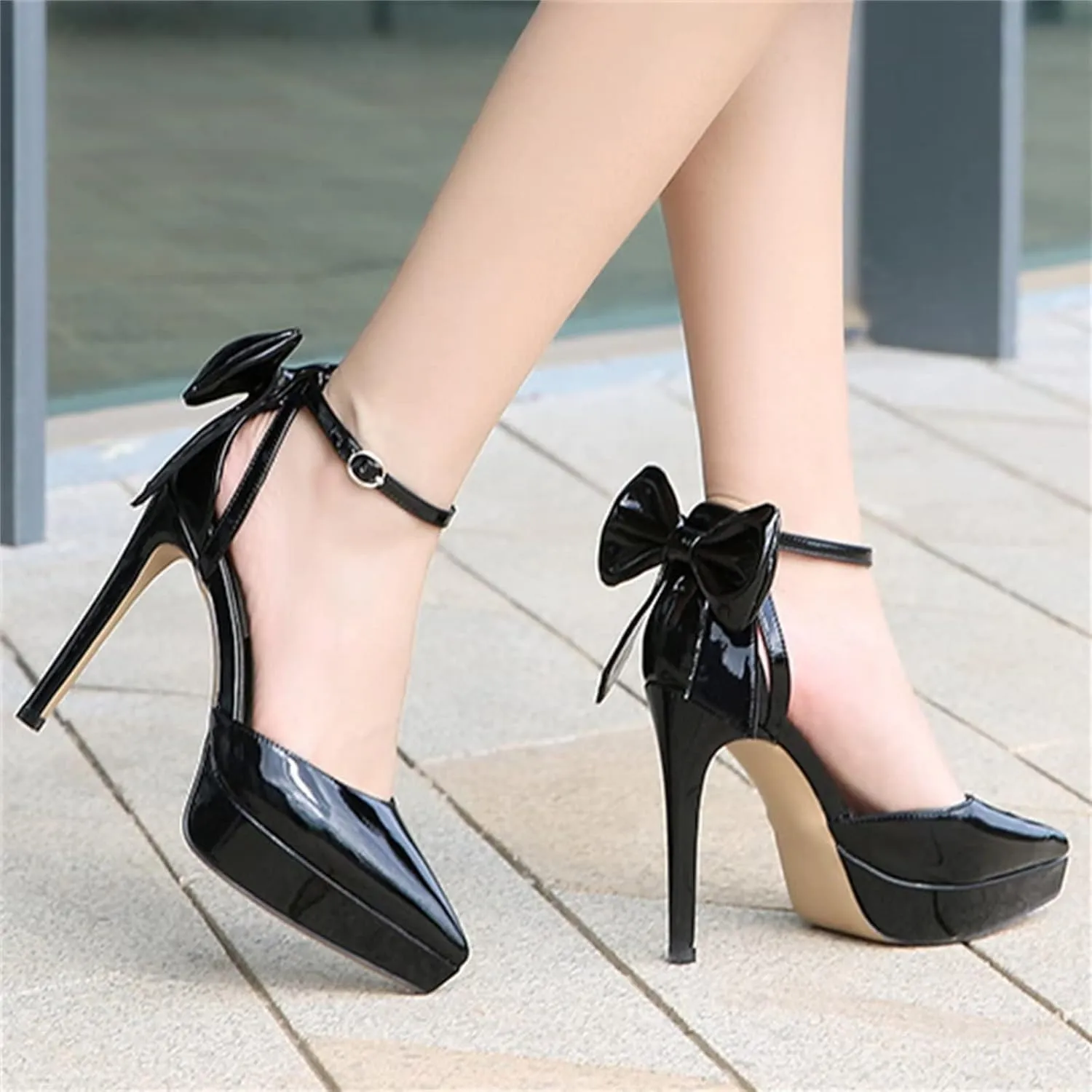 TN TANGNEST Women's Heeled Sandals Shoes Glossy Patent Leather Closed Pointed Toe Stiletto Heel Pumps Shoes with Back Bowknot
