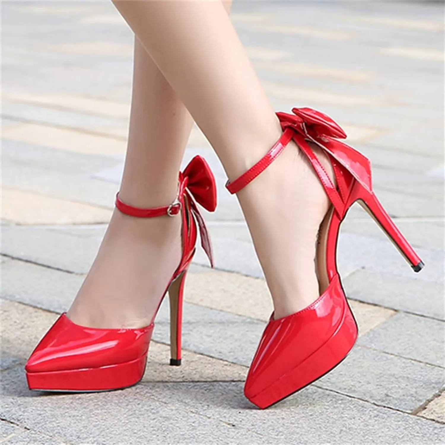 TN TANGNEST Women's Heeled Sandals Shoes Glossy Patent Leather Closed Pointed Toe Stiletto Heel Pumps Shoes with Back Bowknot