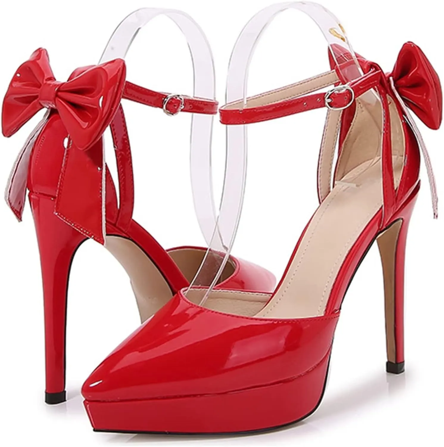 TN TANGNEST Women's Heeled Sandals Shoes Glossy Patent Leather Closed Pointed Toe Stiletto Heel Pumps Shoes with Back Bowknot