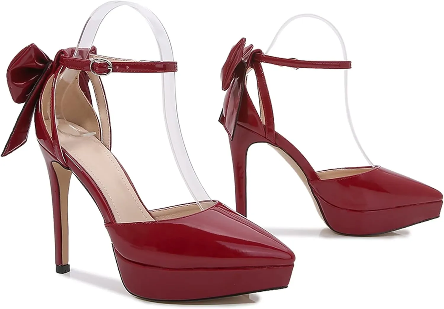 TN TANGNEST Women's Heeled Sandals Shoes Glossy Patent Leather Closed Pointed Toe Stiletto Heel Pumps Shoes with Back Bowknot