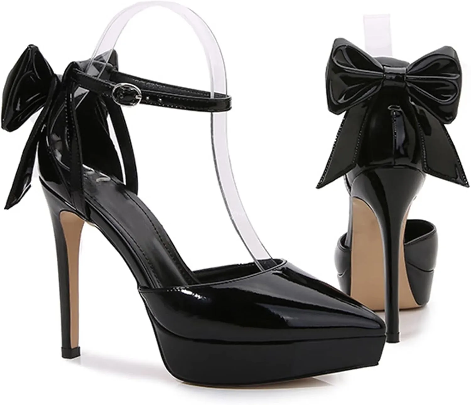 TN TANGNEST Women's Heeled Sandals Shoes Glossy Patent Leather Closed Pointed Toe Stiletto Heel Pumps Shoes with Back Bowknot