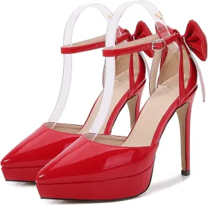 TN TANGNEST Women's Heeled Sandals Shoes Glossy Patent Leather Closed Pointed Toe Stiletto Heel Pumps Shoes with Back Bowknot