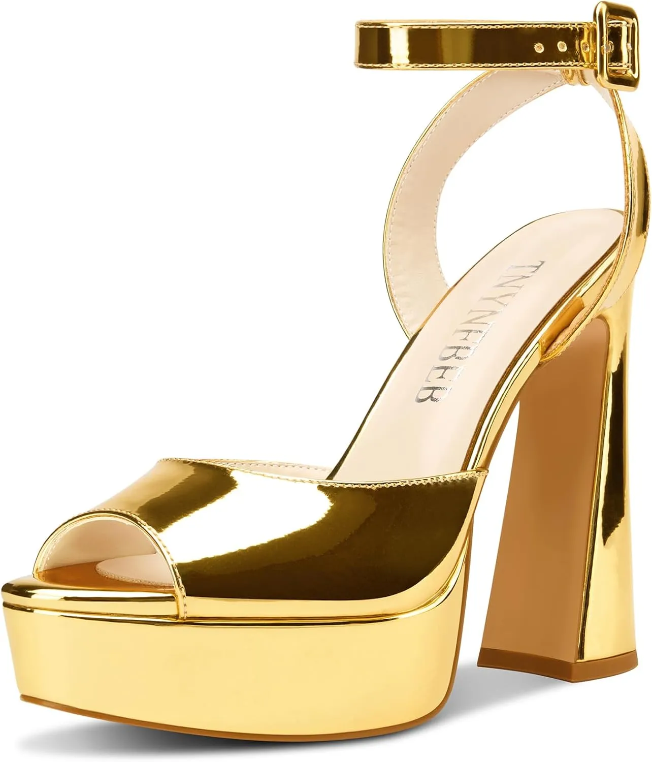 TNYNFBEB Womens Chunky Block High Platform Heel Peep Open Toe Sandals Ankle Strap Buckle Prom Dress Patent Leather 5.1 Inches Heels