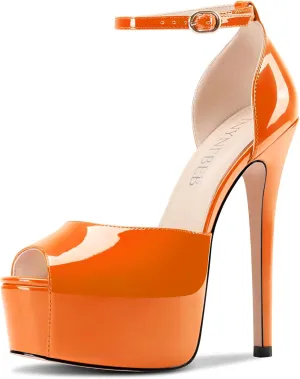 TNYNFBEB Womens Stiletto High Platform Heel Peep Open Toe Sandals Ankle Strap Buckle Prom Party Dress Patent Leather 6.1 Inches Heels