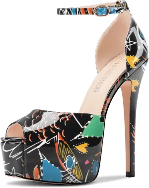 TNYNFBEB Womens Stiletto High Platform Heel Peep Open Toe Sandals Ankle Strap Buckle Prom Party Dress Patent Leather 6.1 Inches Heels