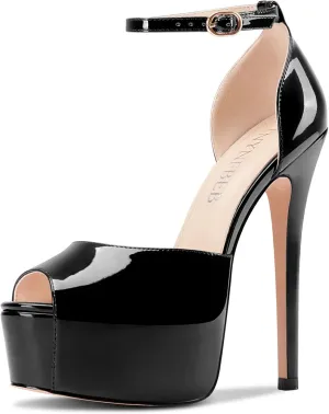 TNYNFBEB Womens Stiletto High Platform Heel Peep Open Toe Sandals Ankle Strap Buckle Prom Party Dress Patent Leather 6.1 Inches Heels