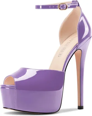 TNYNFBEB Womens Stiletto High Platform Heel Peep Open Toe Sandals Ankle Strap Buckle Prom Party Dress Patent Leather 6.1 Inches Heels