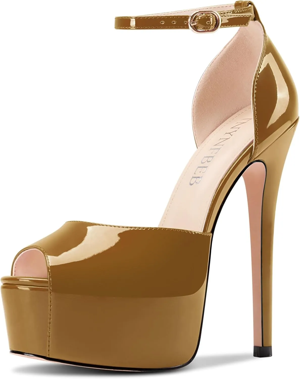 TNYNFBEB Womens Stiletto High Platform Heel Peep Open Toe Sandals Ankle Strap Buckle Prom Party Dress Patent Leather 6.1 Inches Heels