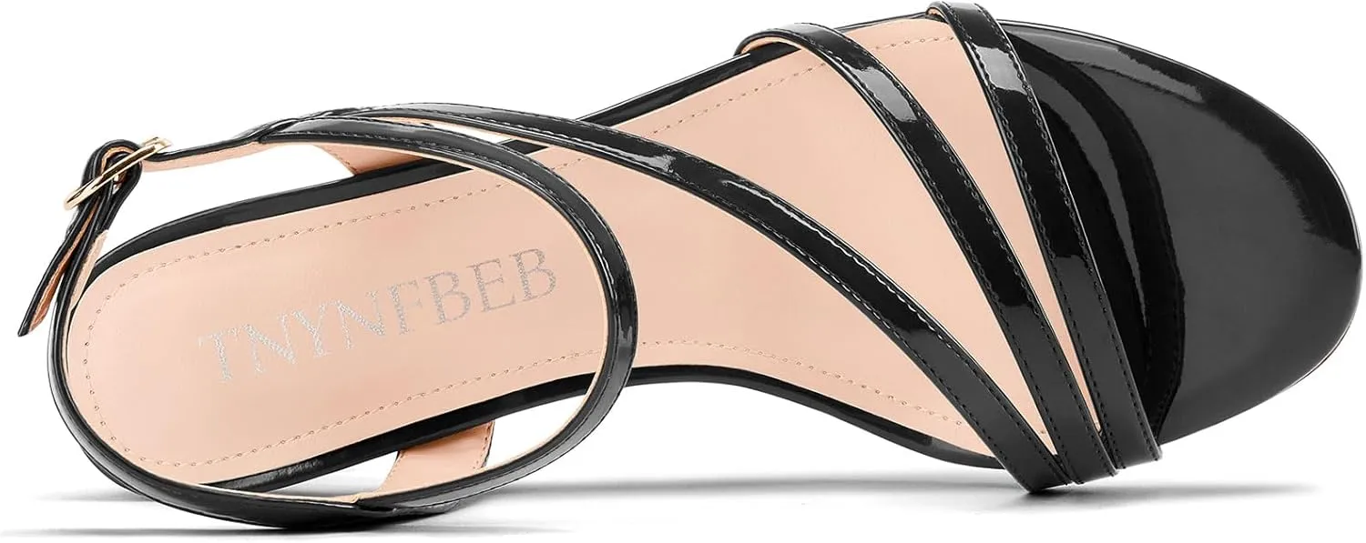 TNYNFBEB Womens Stiletto Mid Heel Open Toe Sandals Ankle Strap Buckle Prom Wedding Party Dress Patent Leather Summer 2.6 Inches Heels