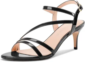 TNYNFBEB Womens Stiletto Mid Heel Open Toe Sandals Ankle Strap Buckle Prom Wedding Party Dress Patent Leather Summer 2.6 Inches Heels