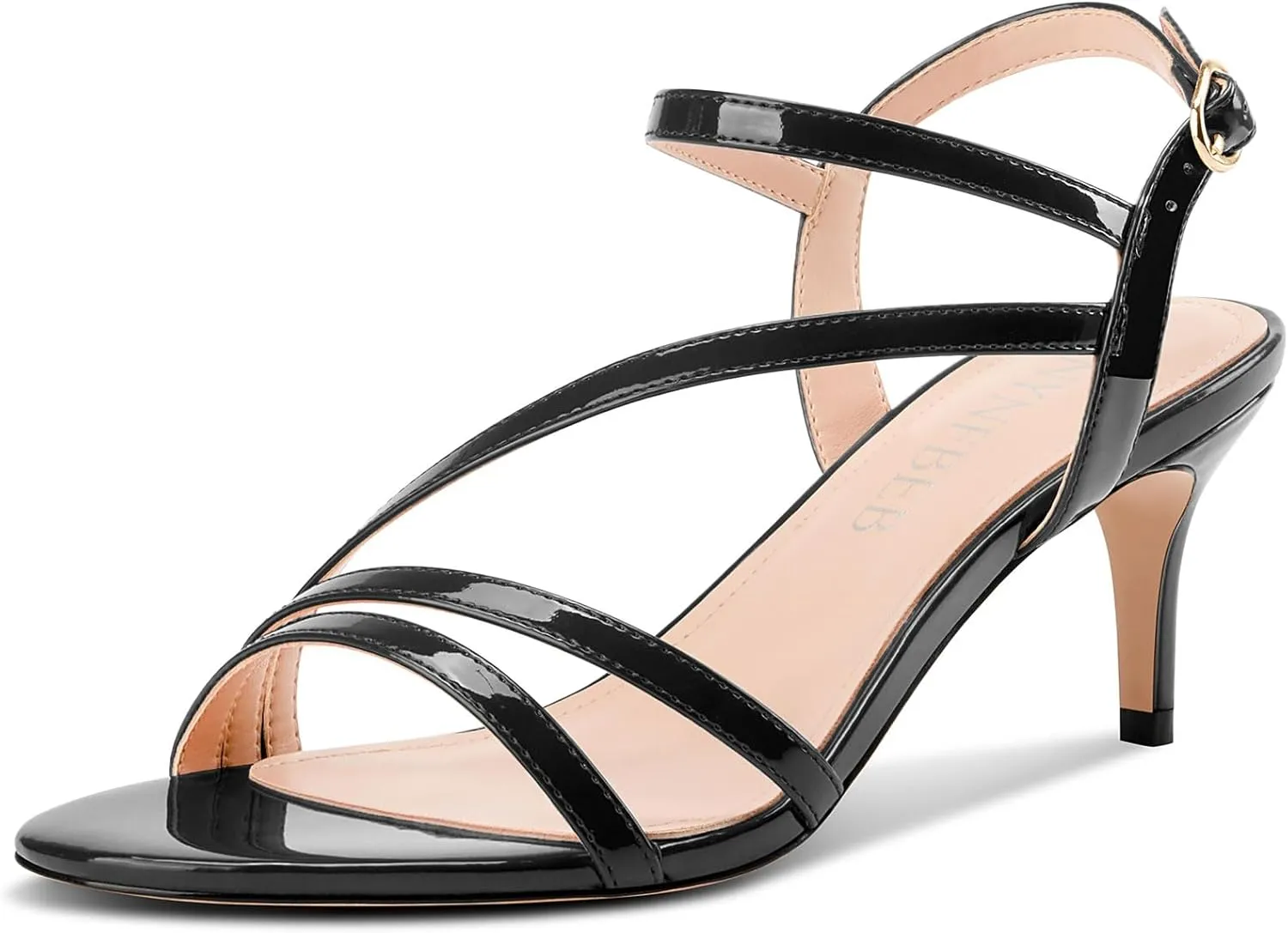 TNYNFBEB Womens Stiletto Mid Heel Open Toe Sandals Ankle Strap Buckle Prom Wedding Party Dress Patent Leather Summer 2.6 Inches Heels