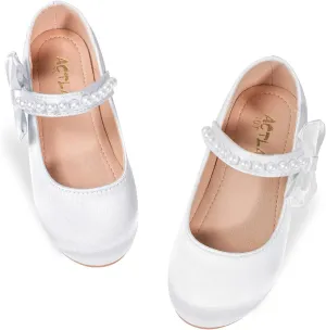 Toddler Girl Satin White Dress Shoes Flower Girl Bowknot Pearl Ballet Flats Mary Jane Wedding Party Communion Princess Shoes