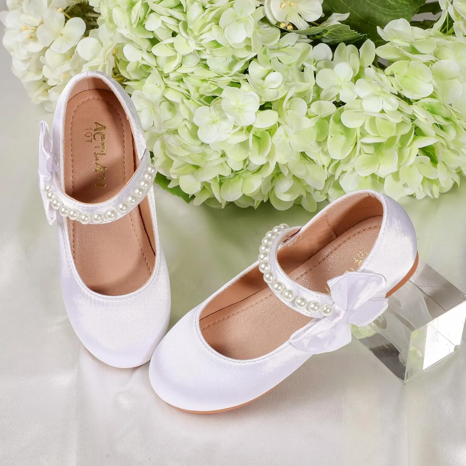 Toddler Girl Satin White Dress Shoes Flower Girl Bowknot Pearl Ballet Flats Mary Jane Wedding Party Communion Princess Shoes