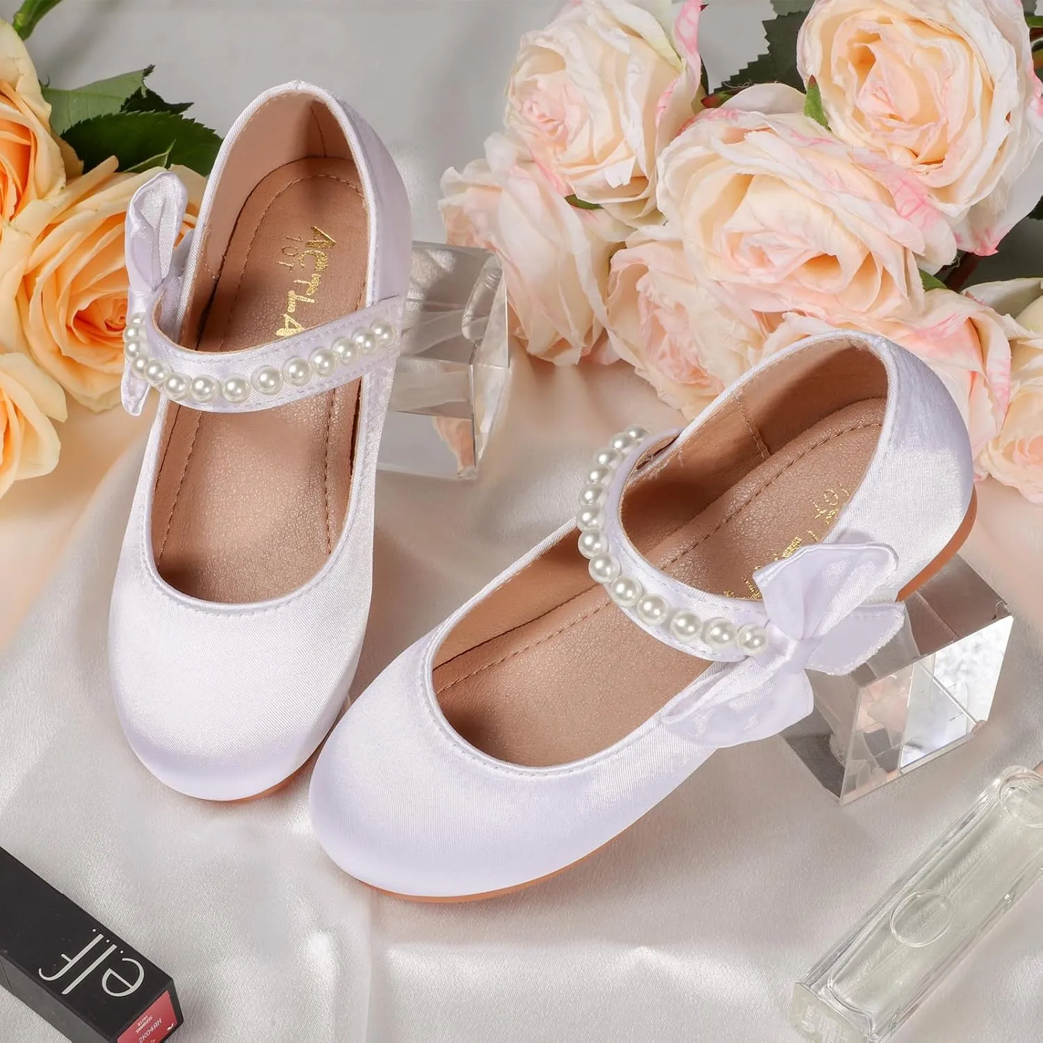 Toddler Girl Satin White Dress Shoes Flower Girl Bowknot Pearl Ballet Flats Mary Jane Wedding Party Communion Princess Shoes